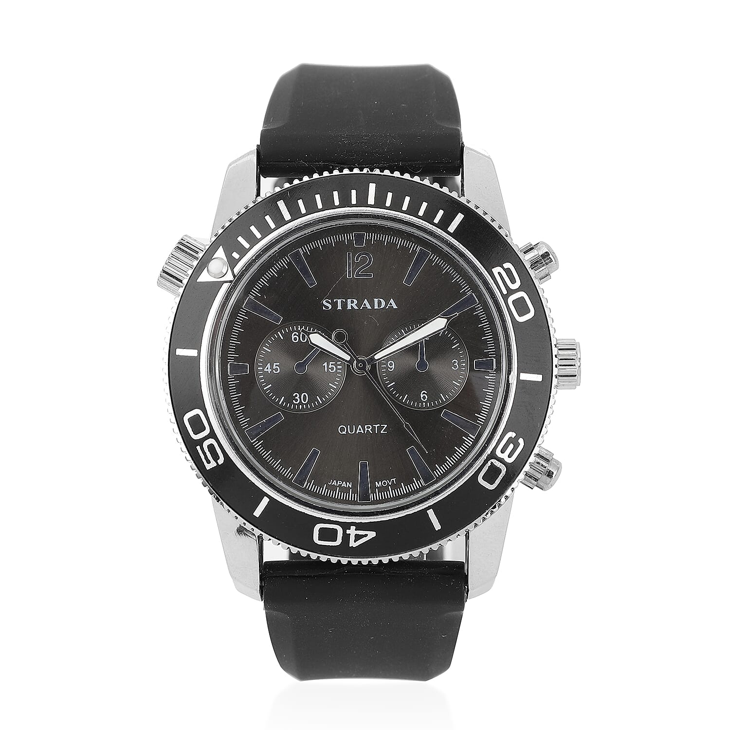 STRADA Japanese Movement Watch with Black Dial and Black Silicone Strap