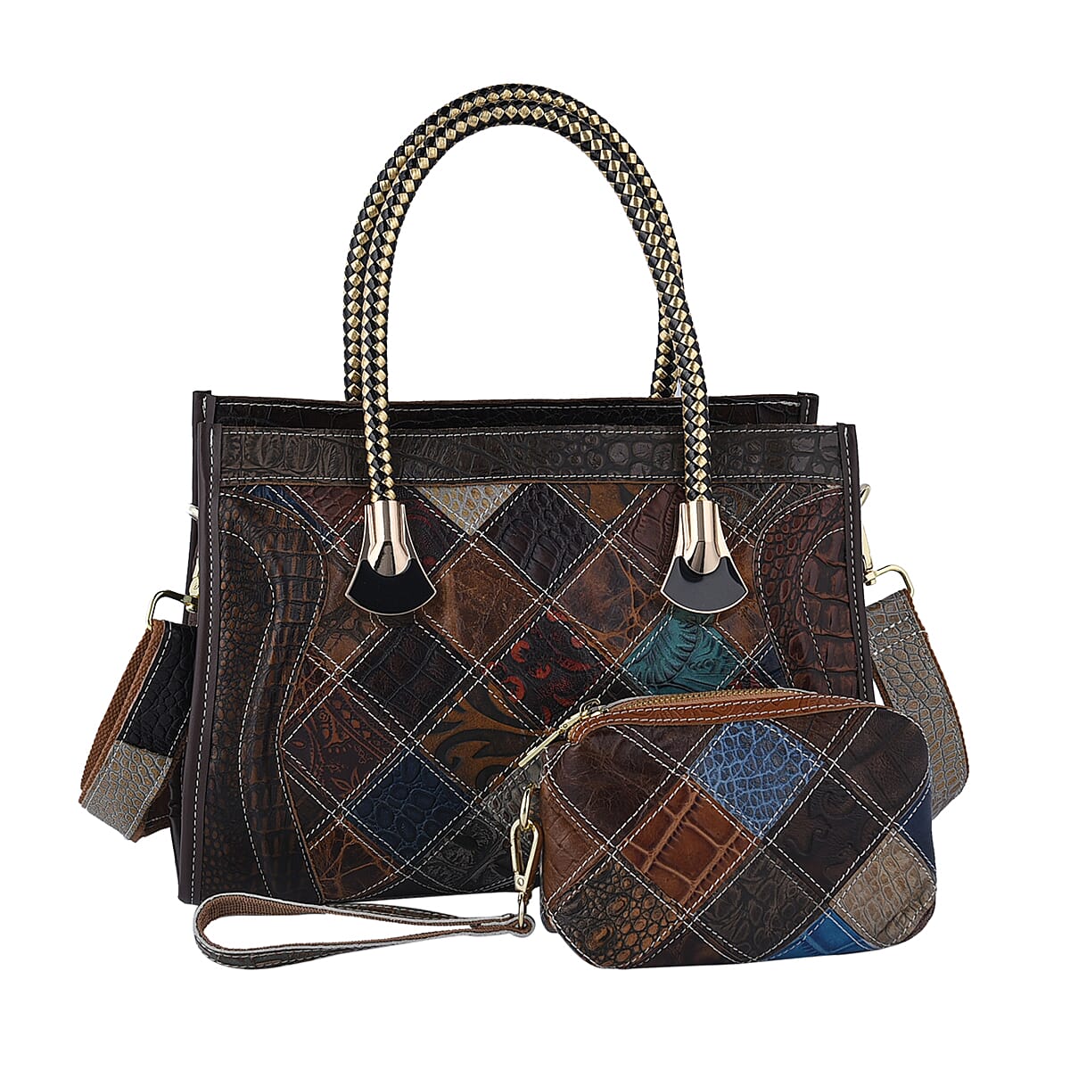 CHAOS BY ELSIE Set of 2 Multi Color Snake Print Genuine Leather Satchel Bag (13x4.33x8.5) and Clutch (5.5x4x1.5)