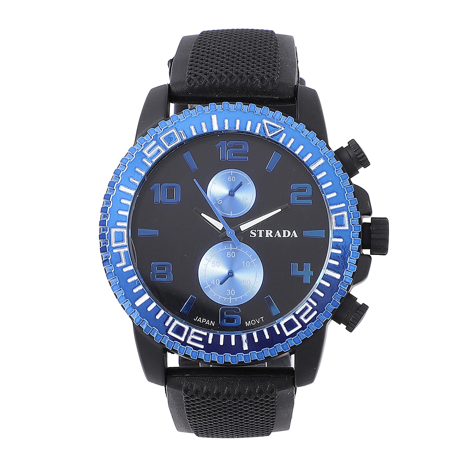 STRADA Japanese Movement Watch with Black, Blue False Chronograph Dial and Black Silicone Strap