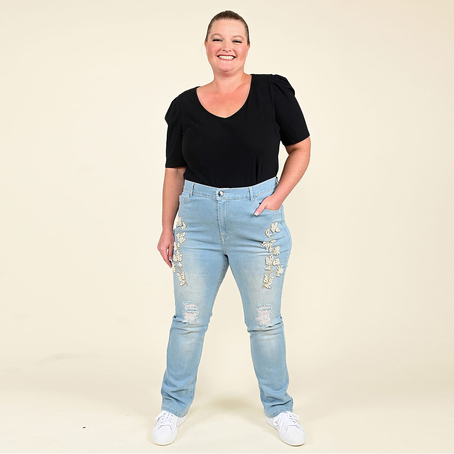 TAMSY Light Blue Floral Pattern Cotton Jeans -