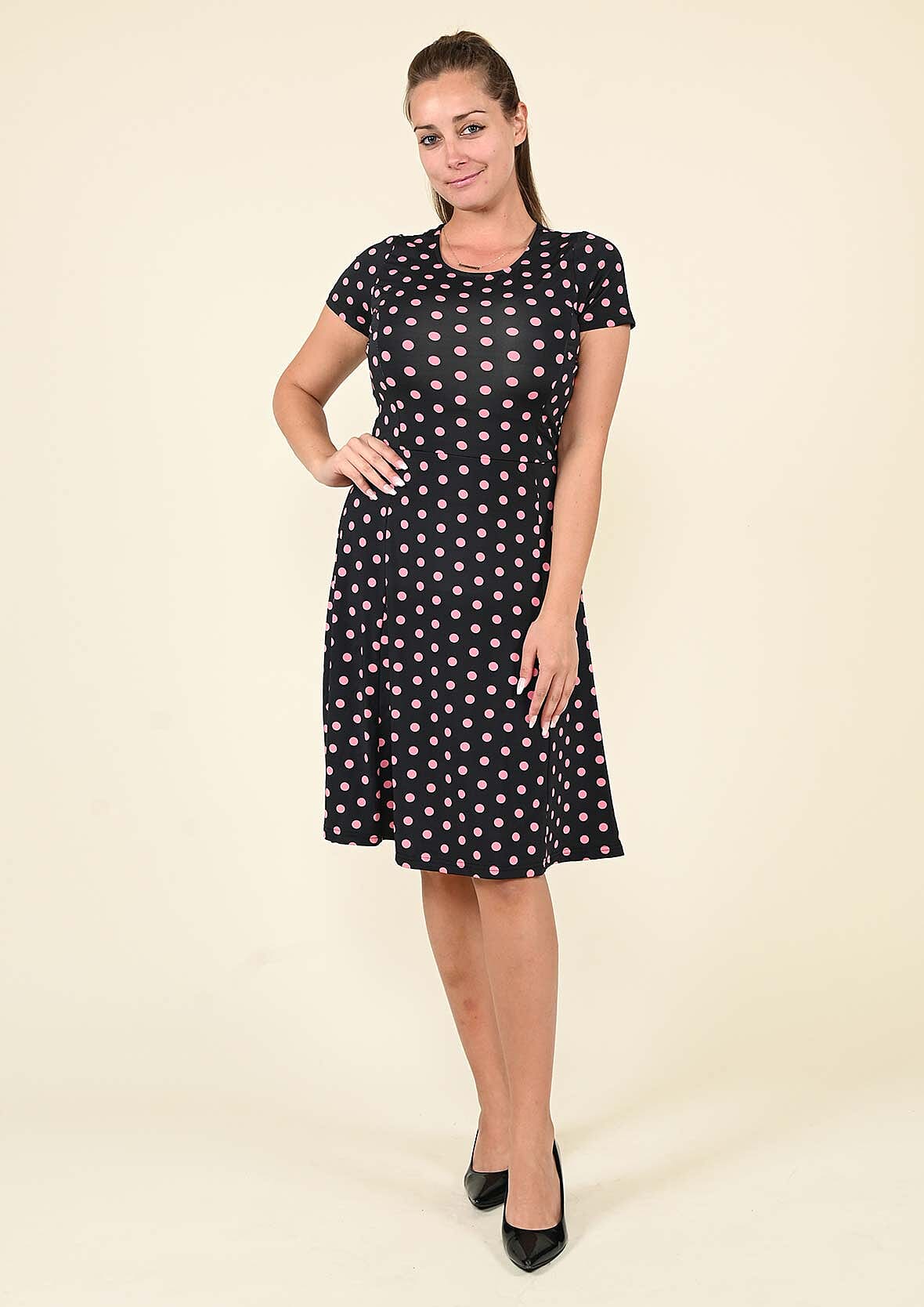 TAMSY Pink and Black Polka Dot Pattern Dress - (S) (1)