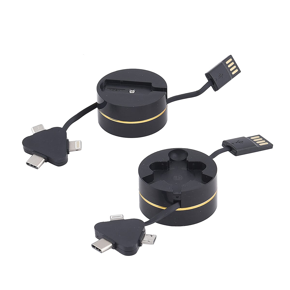 Homesmart Brand Black 3-in-1 Retractable Charging Cable Box - Set of 2 (Built-in Lightning, Type-C, and Micro USB)