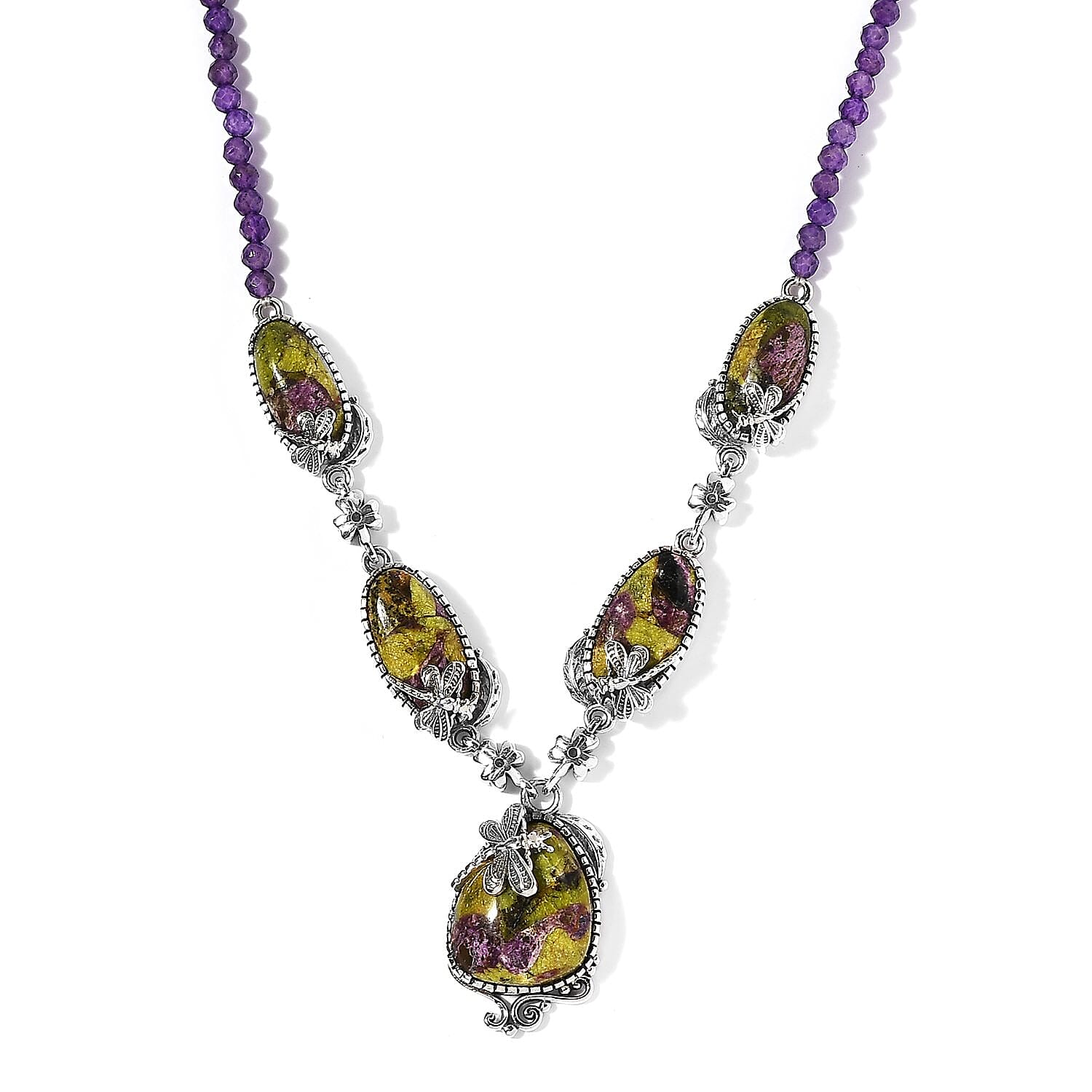 Artisan Crafted Tasmanian Stichtite and Amethyst Necklace 18 Inches in Sterling Silver 44.15 ctw