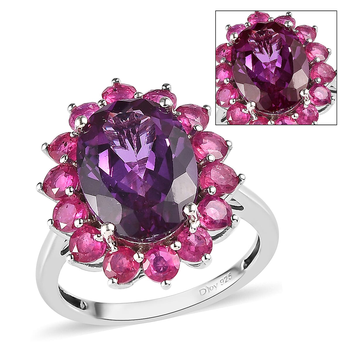 Lab Grown Color Change Sapphire and Niassa Ruby (FF) Floral Ring in Platinum Over Sterling Silver 10.90 ctw