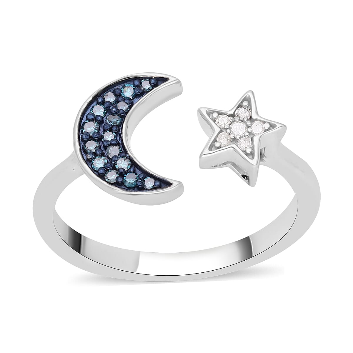 Venice Blue Diamond (I1-I2), Diamond Star and Moon Ring in Platinum Over Sterling Silver (Size 10.0) 0.15 ctw