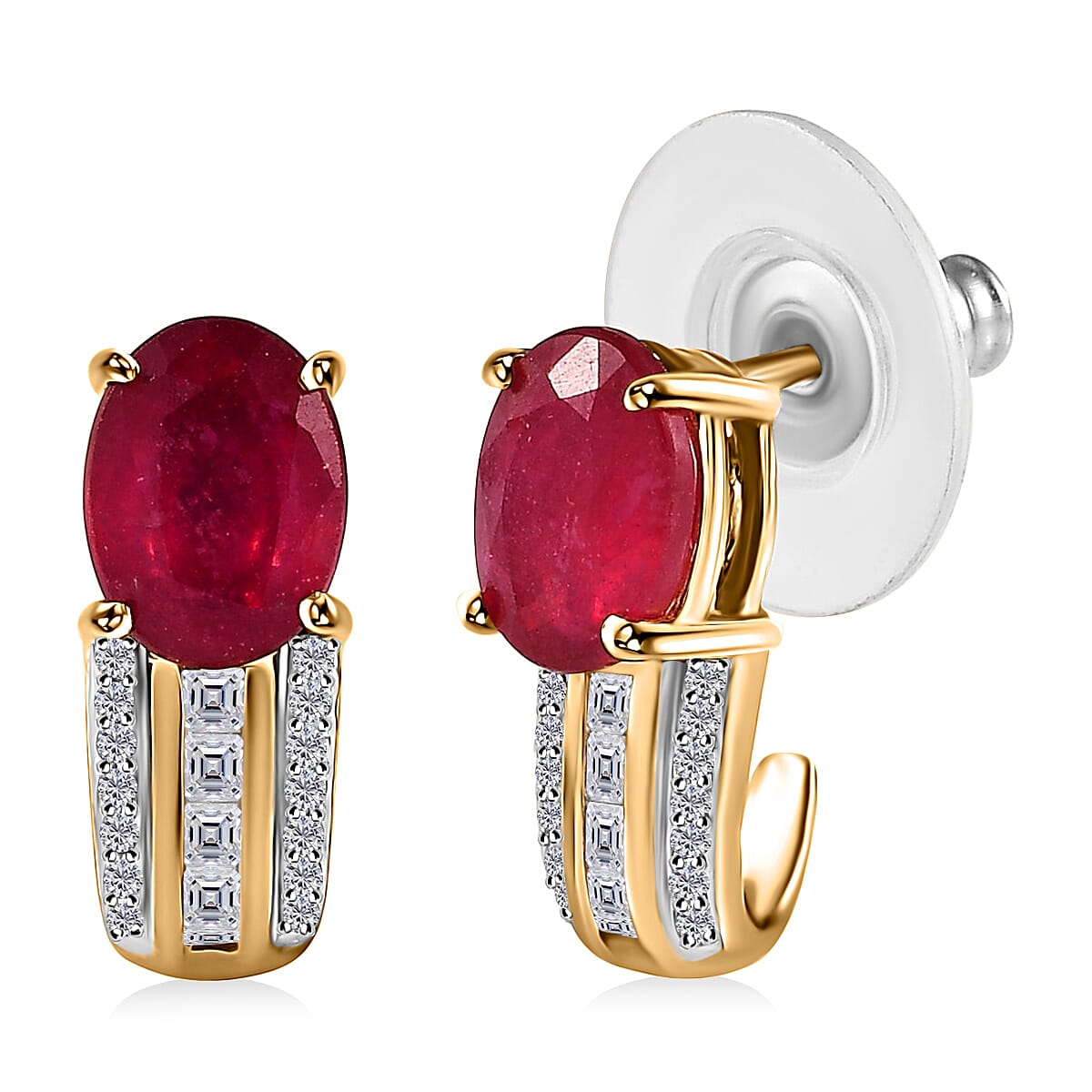 TLV Niassa Ruby (FF), White Topaz J-Hoop Earrings in Vermeil YG Over Sterling Silver 4.15 ctw
