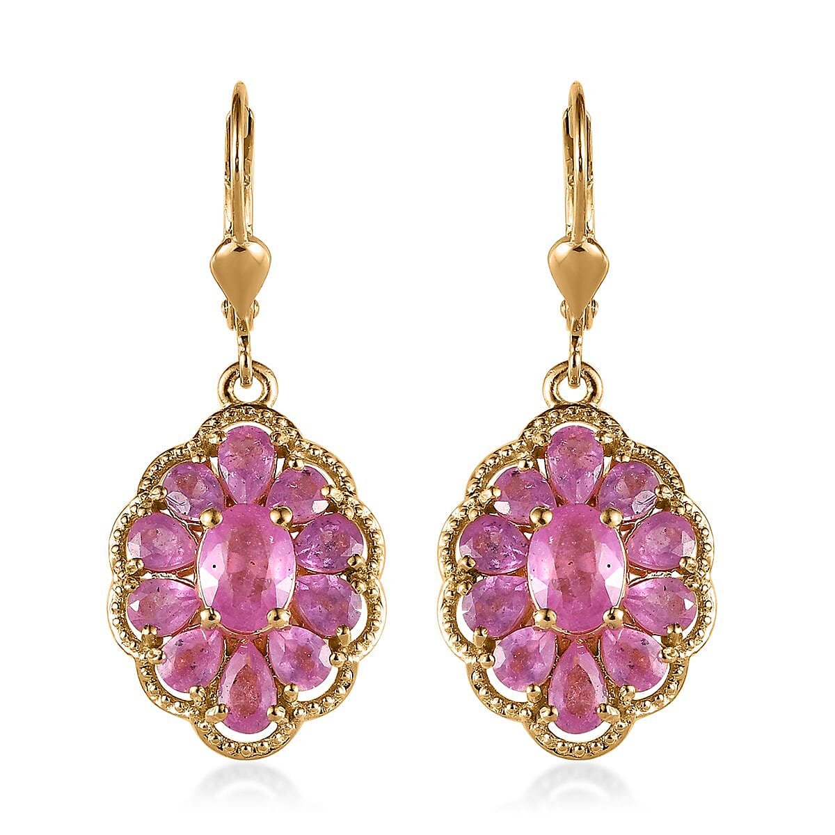 Ilakaka Hot Pink Sapphire (FF) Lever Back Earrings in Vermeil Yellow Gold and Platinum Over Sterling Silver 6.65 ctw