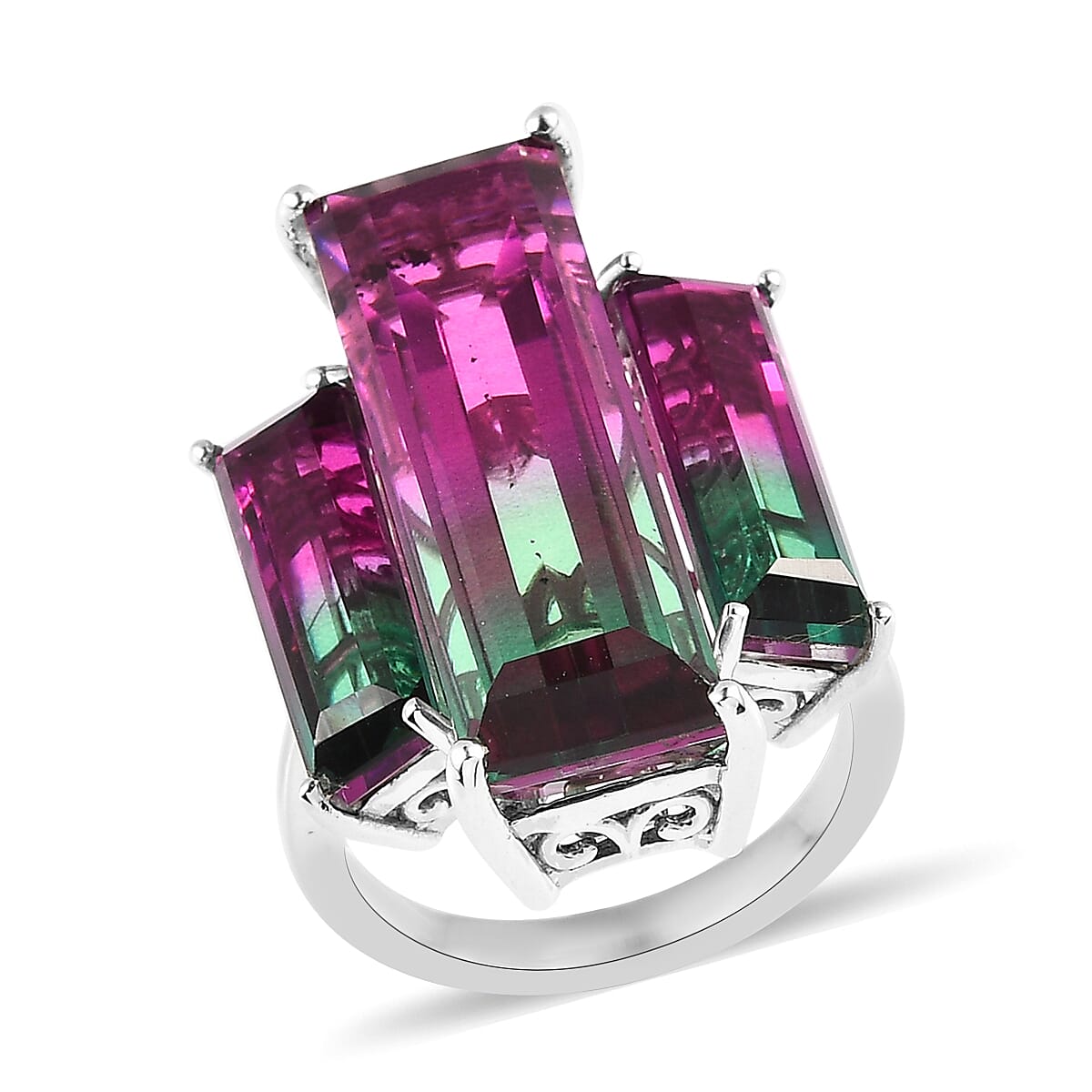 Watermelon Quartz (Triplet) 3 Stone Ring in Platinum Over Sterling Silver 20.10 ctw