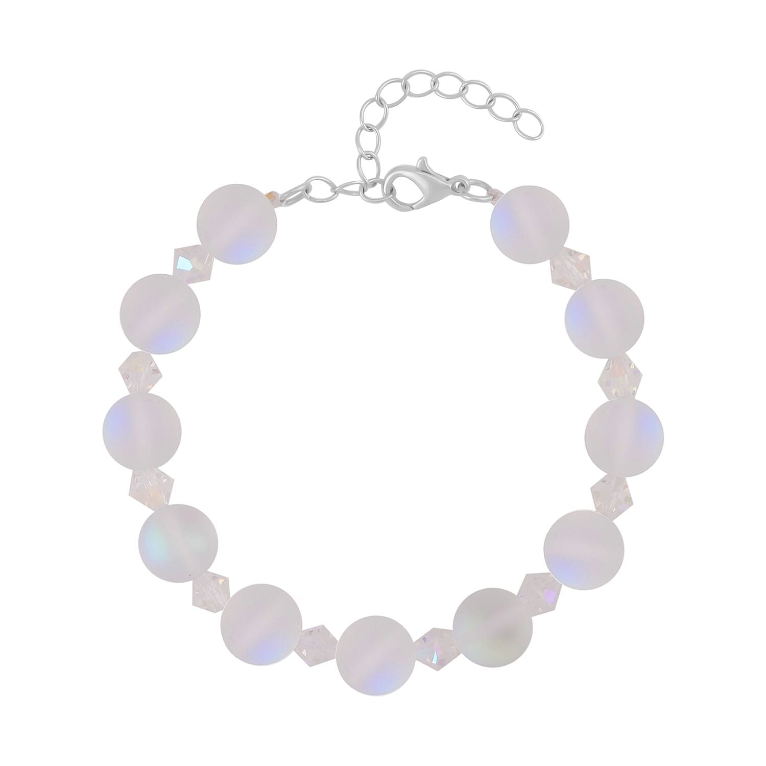White Aurora Borealis Glass and White Glass Beaded Bracelet in Rhodium Over Sterling Silver (7.5-8.5In)