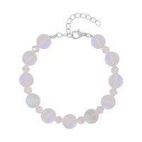 White Aurora Borealis Glass and White Glass Beaded Bracelet in Rhodium Over Sterling Silver (7.5-8.5In)