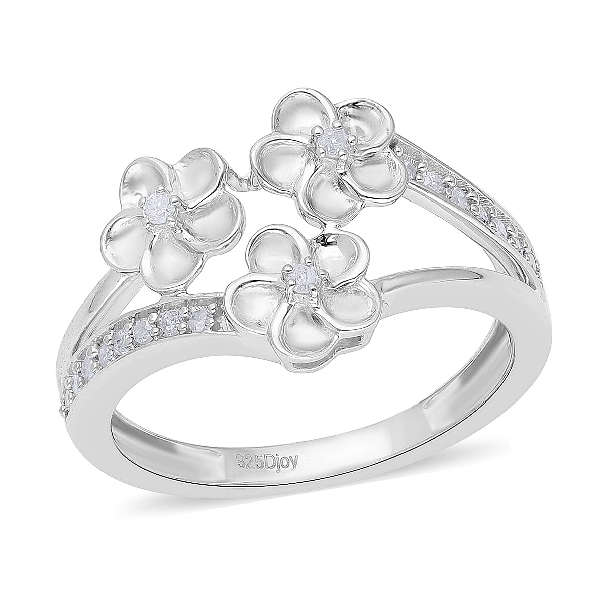 Diamond Floral Ring in Platinum Over Sterling Silver (Size 10.0) (Del. 7-10 Days) 0.15 ctw