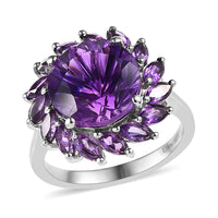 Hanabi Cut Premium Moroccan Amethyst and Amethyst Floral Ring in Platinum Over Sterling Silver 5.10 ctw