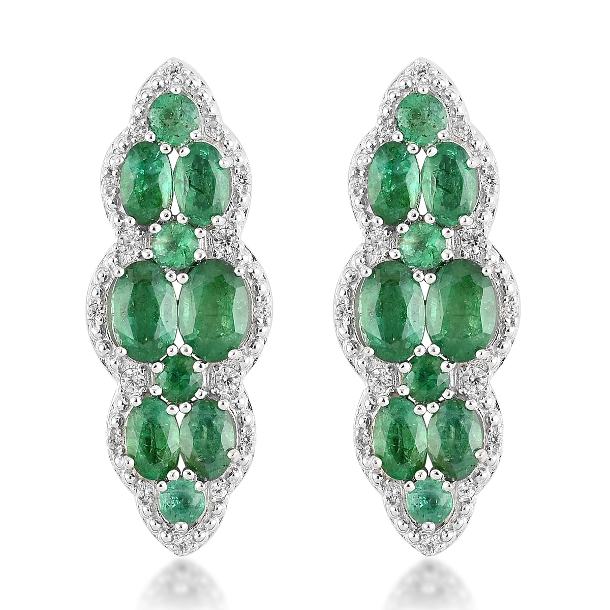 AAA Kagem Emerald and White Zircon Drop Earrings in Rhodium Over Sterling Silver 4.90 ctw