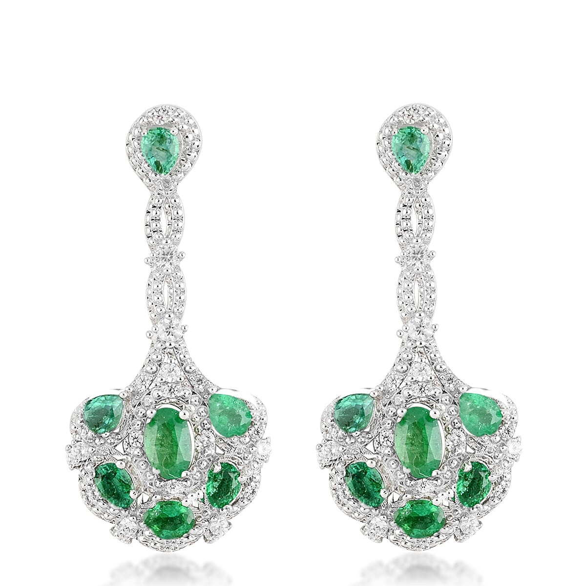 AAA Kagem Emerald and White Zircon Dangle Earrings in Rhodium Over Sterling Silver 3.25 ctw