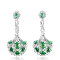 AAA Kagem Emerald and White Zircon Dangle Earrings in Rhodium Over Sterling Silver 3.25 ctw