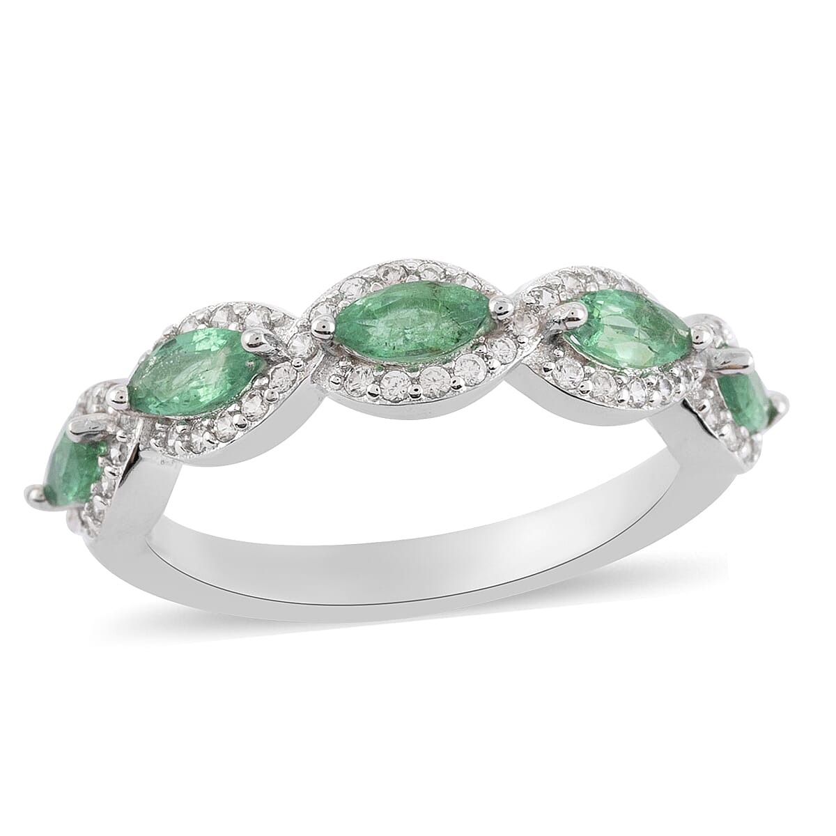 AAA Kagem Zambian Intense Green Emerald, Natural White Zircon Ring in Rhodium Over Sterling Silver (Size 6.0) 1.00 ctw (1)