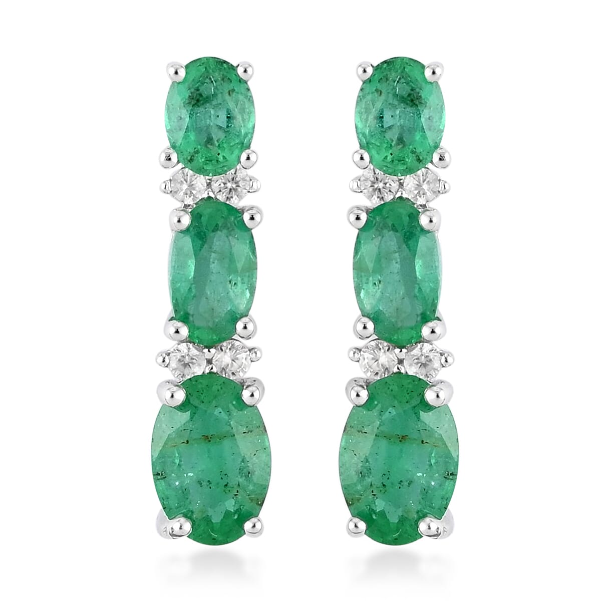 AAA Kagem Emerald and Natural White Zircon Drop Earrings in Rhodium Over Sterling Silver 1.75 ctw