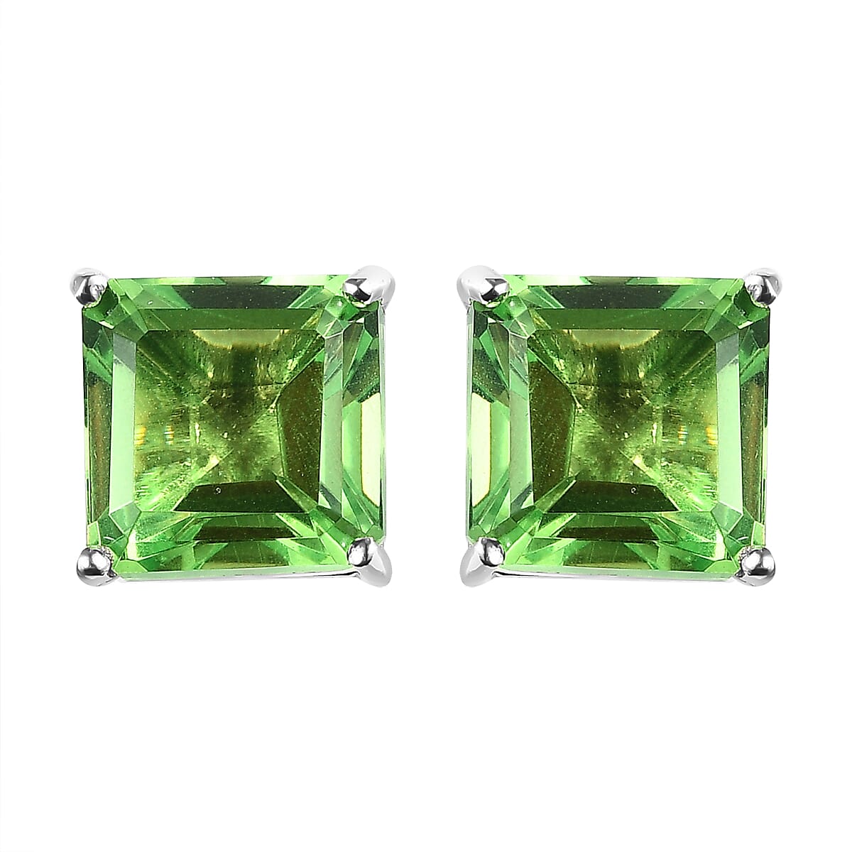 Asscher Cut Chartreuse Quartz (Triplet) Solitaire Stud Earrings in Platinum Over Sterling Silver 11.50 ctw