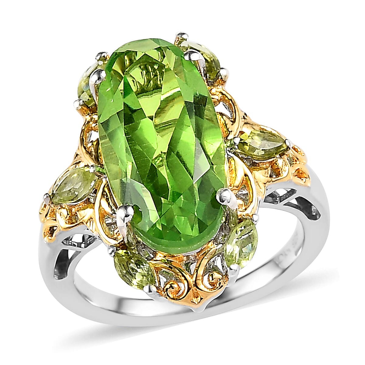 Chartreuse Quartz (Triplet) and Peridot Ring in Vermeil Yellow Gold and Platinum Over Sterling Silver 6.35 ctw