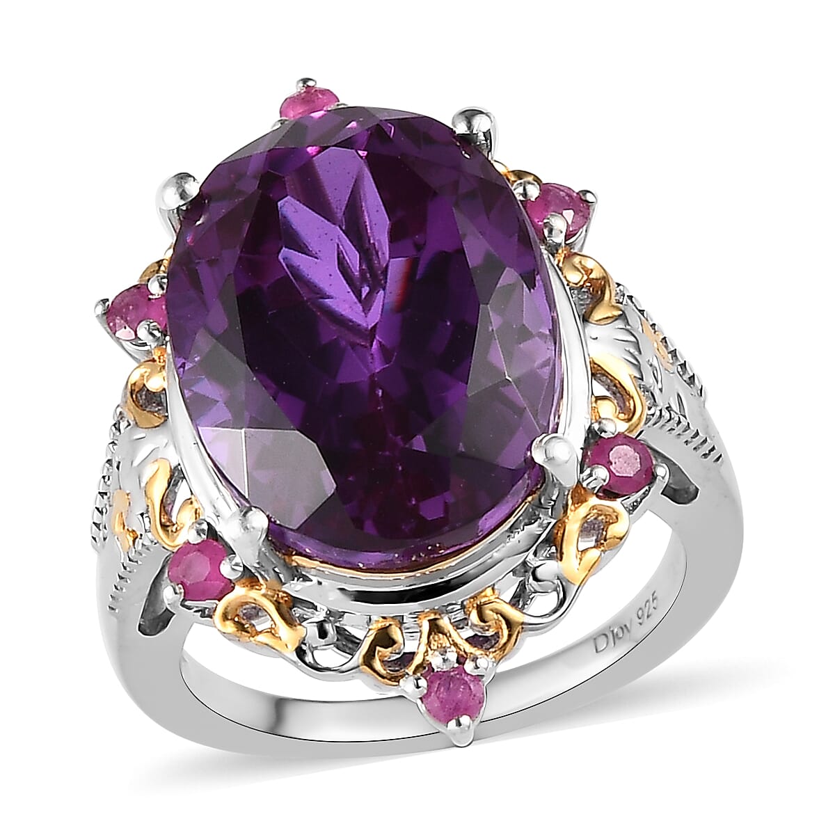 Lab Grown Color Change Sapphire and Niassa Ruby (FF) Ring in Vermeil Yellow Gold and Platinum Over Sterling Silver (Size 10.0) 15.15 ctw