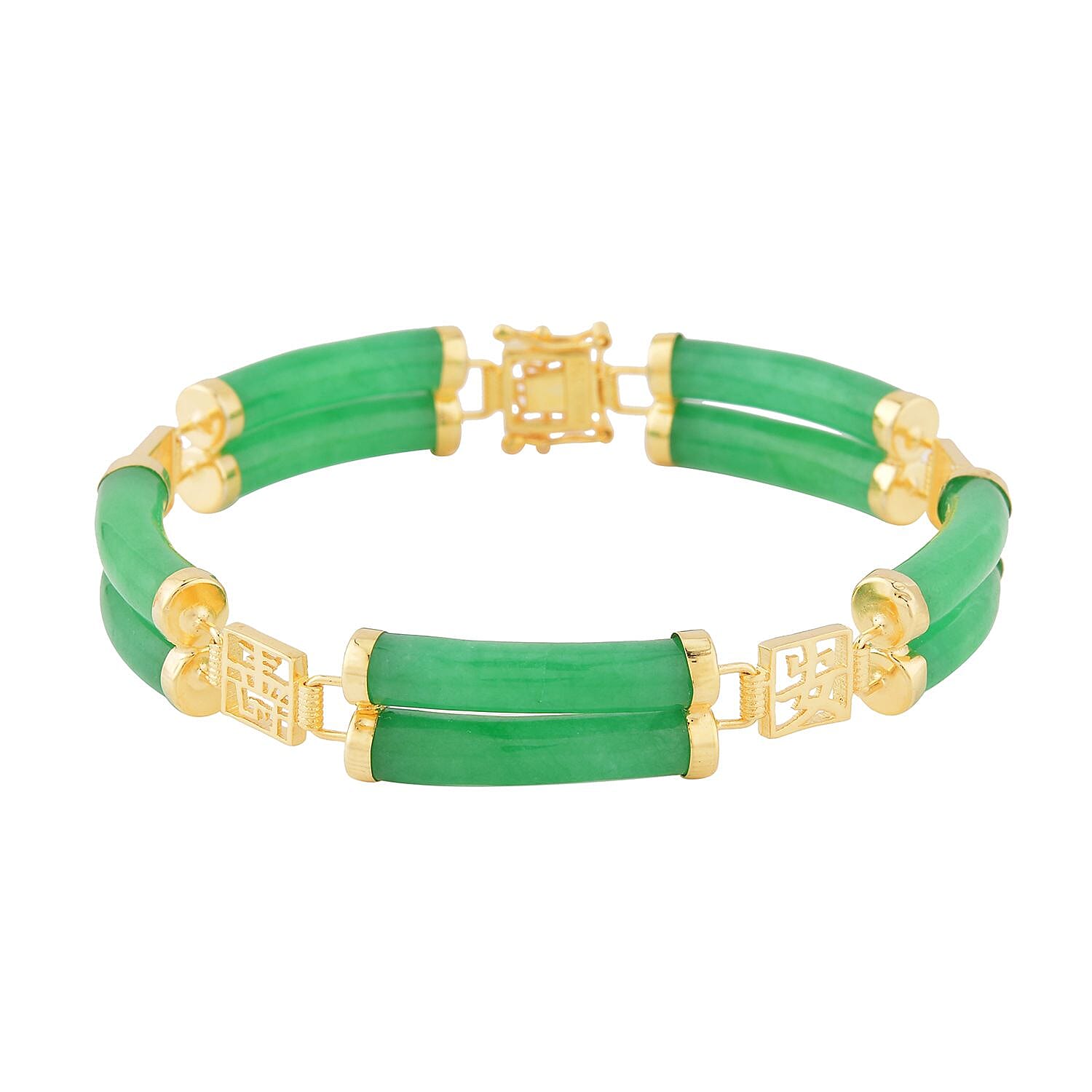 Green Jade Two Layers of Cylindrical Tubes Chinese Characters Bracelet in 14K YG Over Sterling Silver (6.50 In) 61.50 ctw