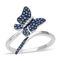 Venice Blue Diamond I1-I2 and Diamond Butterfly Ring in Platinum Over Sterling Silver (Size 10.0) 0.25 ctw