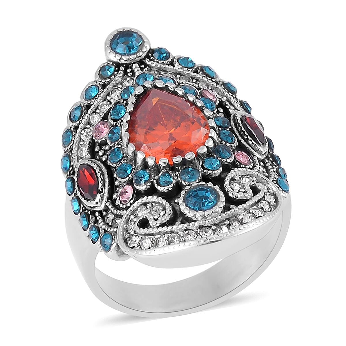 Simulated Orange Diamond and Multi Color Austrian Crystal Ring in Stainless Steel