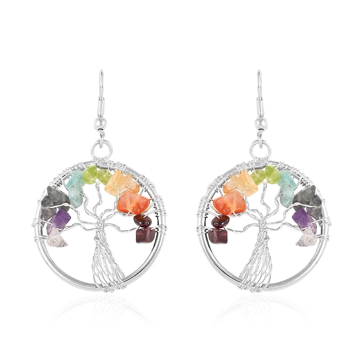 Multi Gemstone Tree of Life Earrings in Silvertone 22.80 ctw