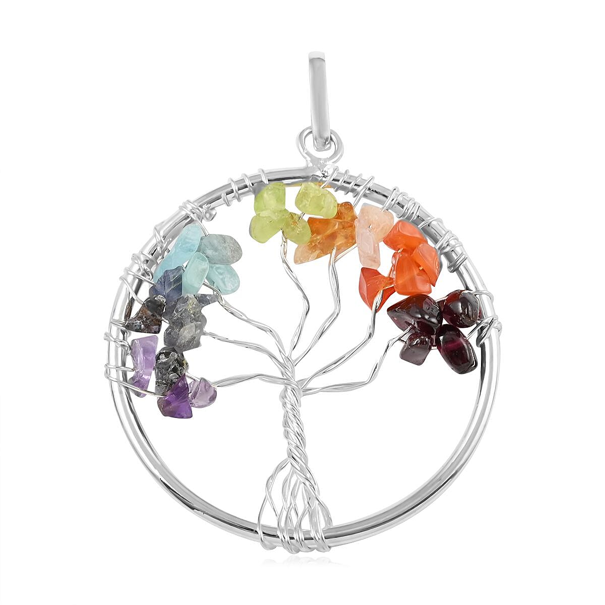Multi Gemstone Tree of Life Pendant in Silvertone 22.80 ctw