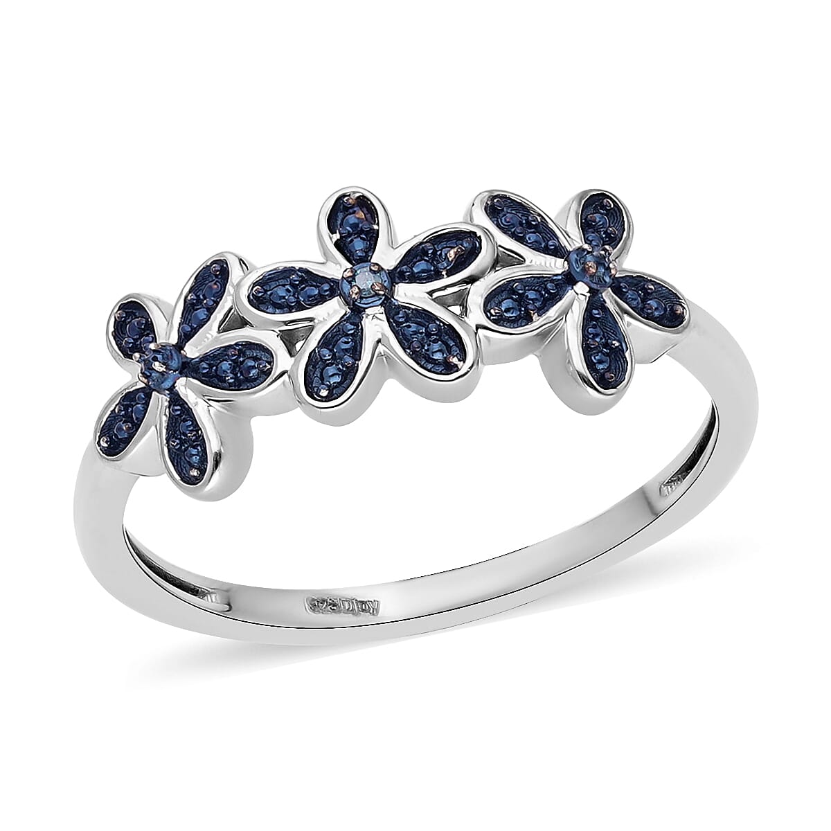 Blue Diamond (IR) Accent Floral Ring in Platinum Over Sterling Silver (Size 10.0)