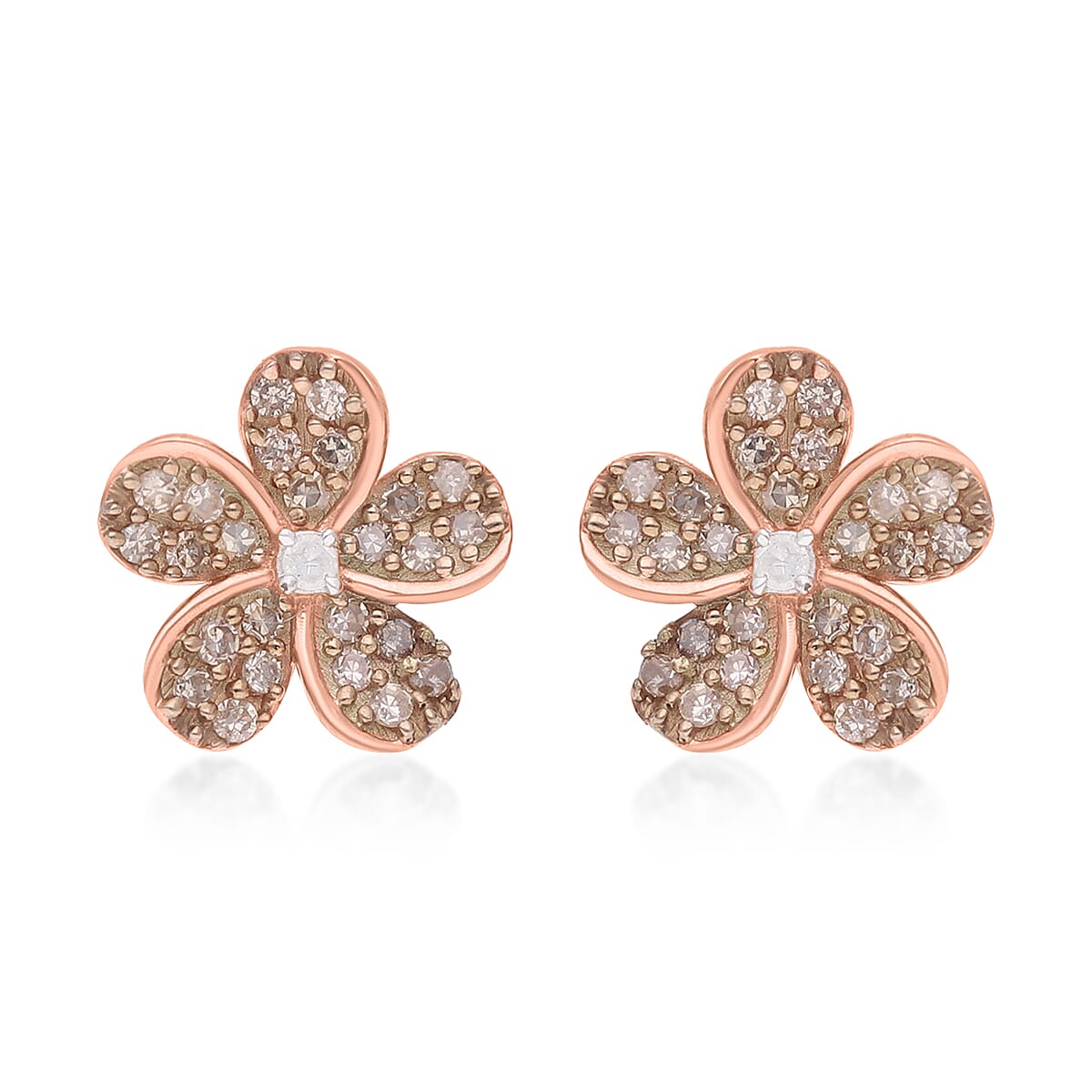 Natural Champagne and White Diamond Floral Earrings in Vermeil RG Over Sterling Silver 0.33 ctw (Del. 7-10 Days)