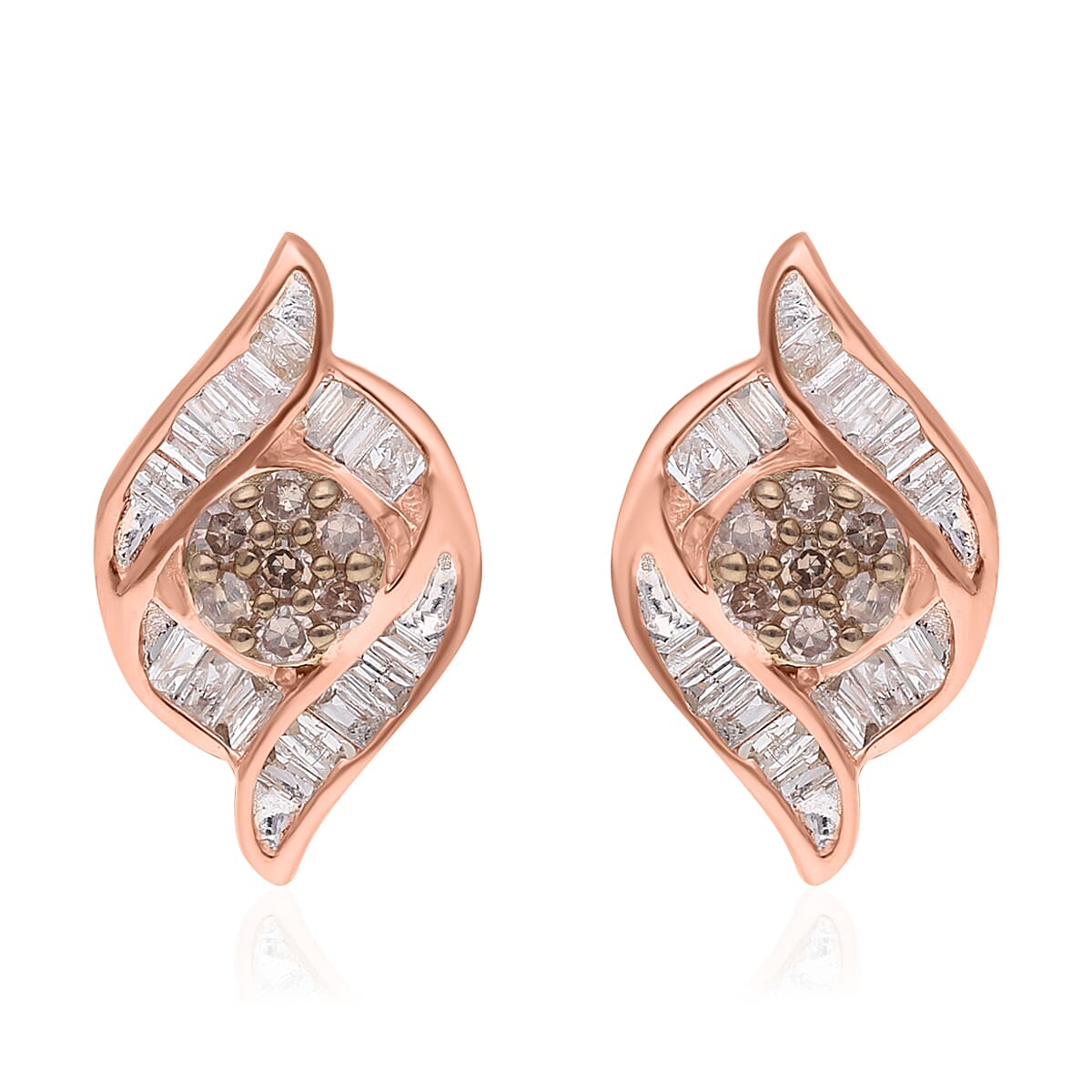 Natural Champagne and White Diamond Wave Stud Earrings in Vermeil RG Over Sterling Silver 0.33 ctw (Del. 7-10 Days)