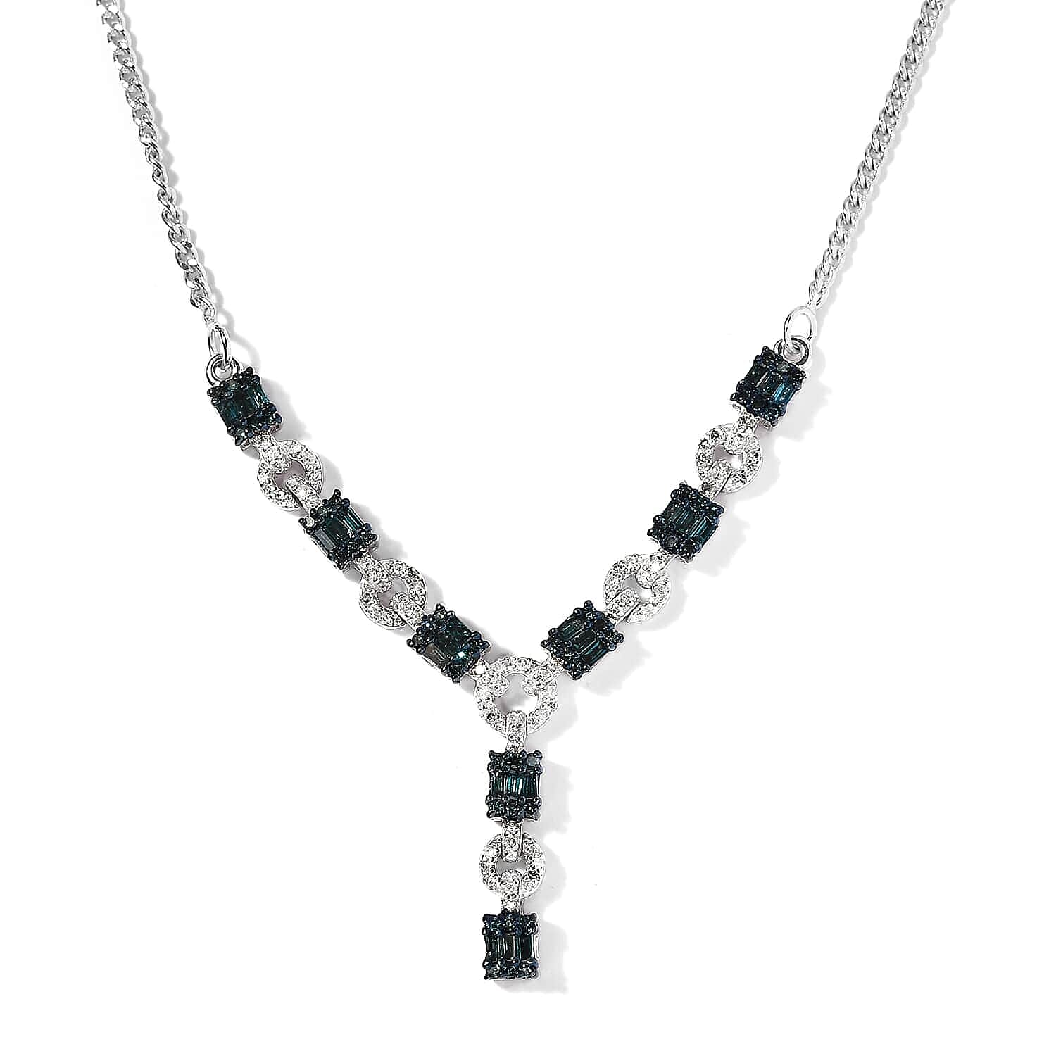 Venice Blue Diamond I1-I2 and Diamond Necklace 20 Inches in Platinum Over Sterling Silver 0.75 ctw