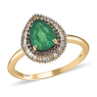Luxoro 10K Yellow Gold AAA Kagem Zambian Emerald, Natural Champagne and White Diamond Double Halo Ring 1.30 ctw