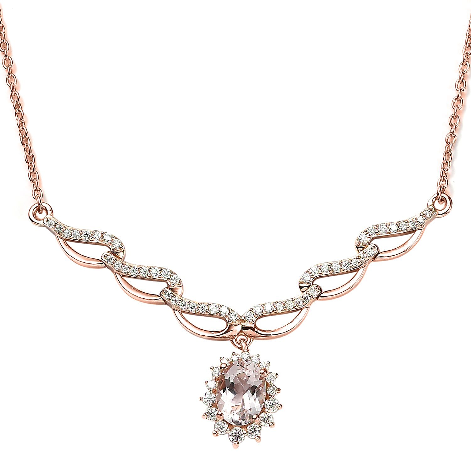 Pink Morganite and Moissanite Necklace 18 Inches in Vermeil Rose Gold Over Sterling Silver 1.85 ctw