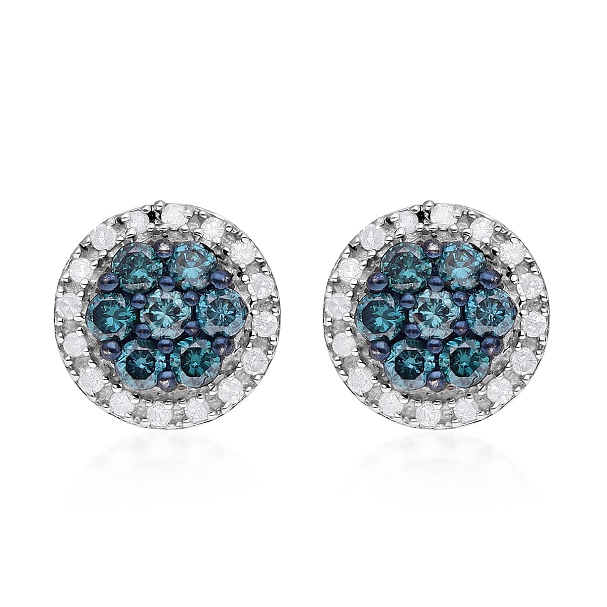Venice Blue Diamond I1-I2 and Diamond Stud Earrings in Platinum Over Sterling Silver 0.50 ctw