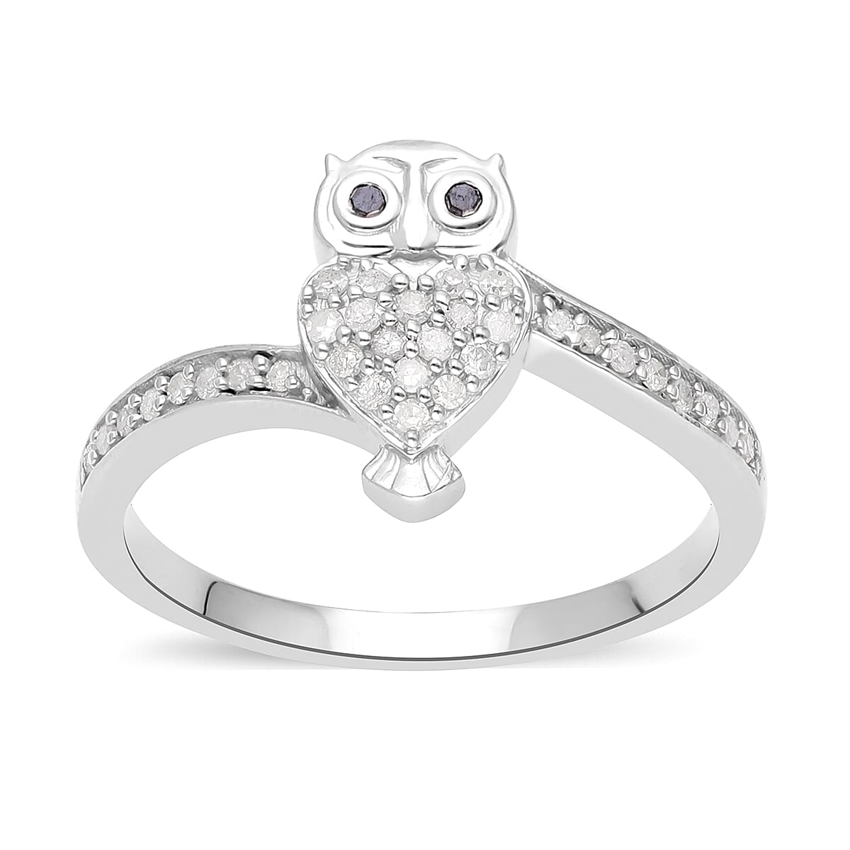 Black and White Diamond Owl Ring in Platinum Over Sterling Silver 0.25 ctw