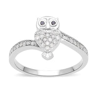 Black and White Diamond Owl Ring in Platinum Over Sterling Silver 0.25 ctw