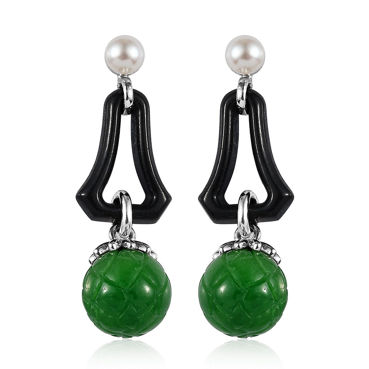 Black and Green Jade (D) and White Freshwater Pearl Dangle Earrings in Rhodium Over Sterling Silver 38.35 ctw