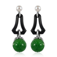 Black and Green Jade (D) and White Freshwater Pearl Dangle Earrings in Rhodium Over Sterling Silver 38.35 ctw