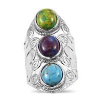 Mojave Blue, Purple and Green Turquoise 3 Stone Ring in Stainless Steel 7.85 ctw