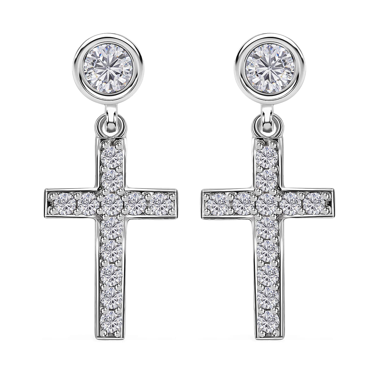 Moissanite Cross Dangle Earrings in Platinum Over Sterling Silver 1.25 ctw