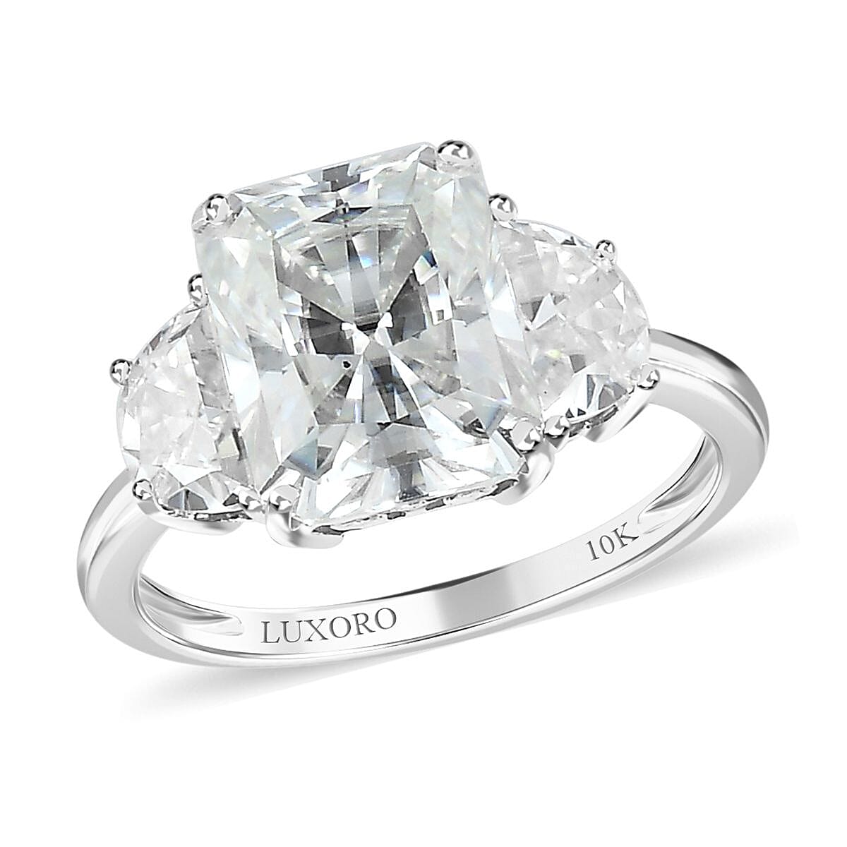 Luxoro 10K White Gold Radiant Cut Moissanite 3 Stone Ring 4.15 ctw