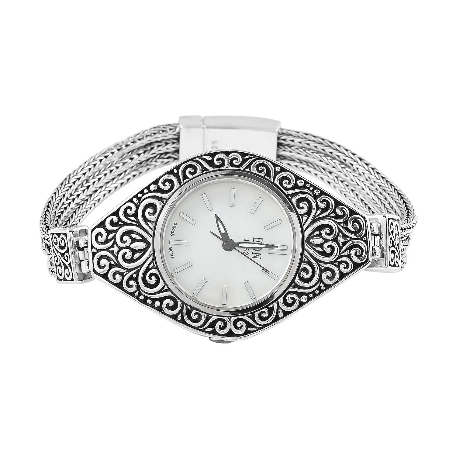 Bali Legacy EON 1962 Swiss Movement Sterling Silver 3 Layer Bracelet Watch (7.50 in) , Designer Bracelet Watch , Analog Luxury Wristwatch
