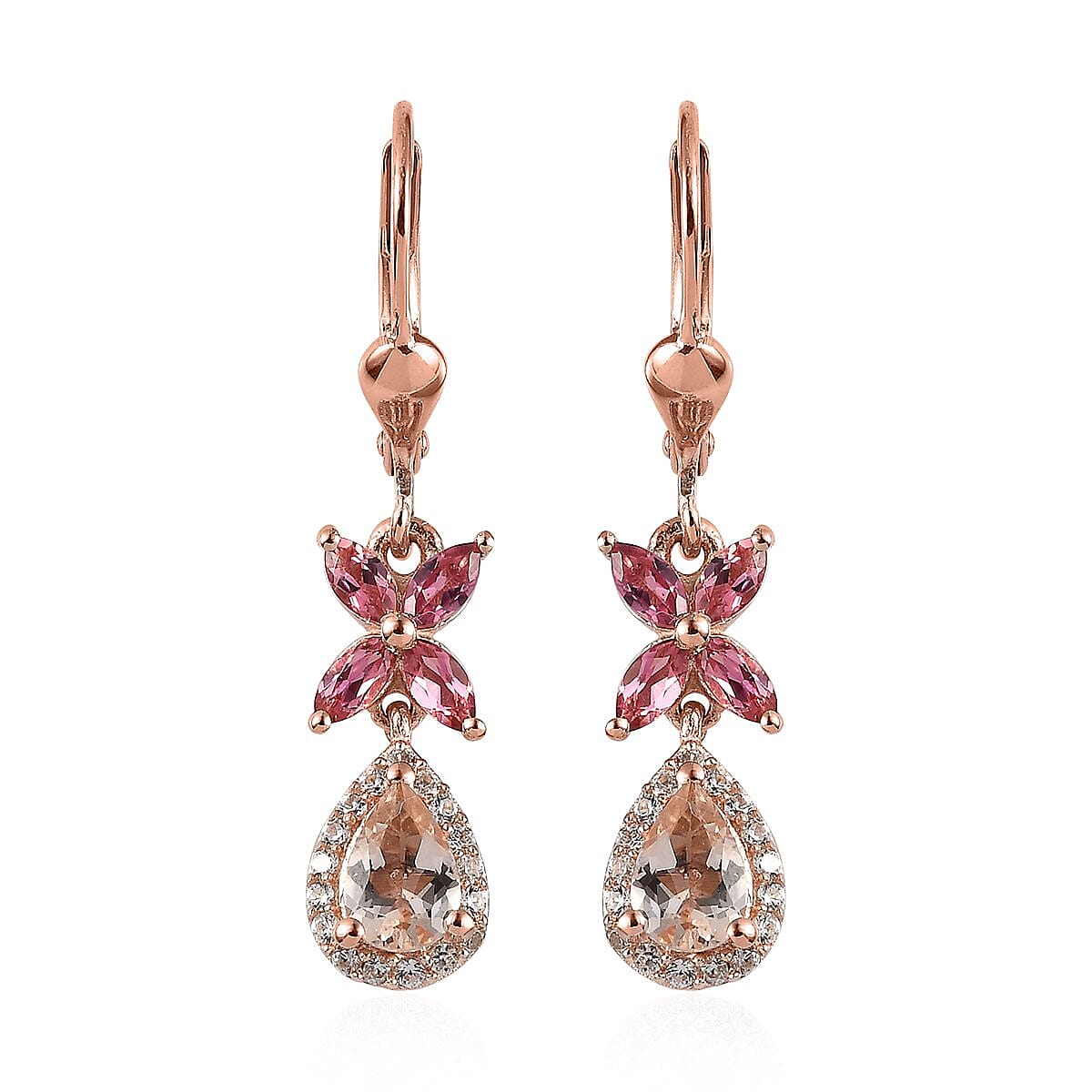 Marropino Morganite and Multi Gemstone Lever Back Earrings in Vermeil Rose Gold Over Sterling Silver 1.85 ctw