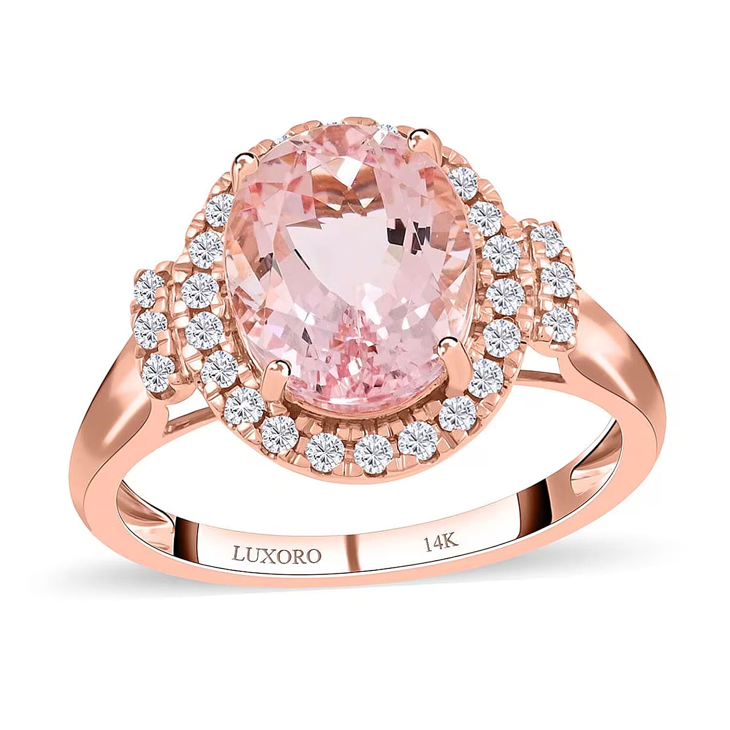 Luxoro 14K Rose Gold AAA Pink Morganite and G-H I2 Diamond Halo Ring (Size 10.0) 2.70 ctw