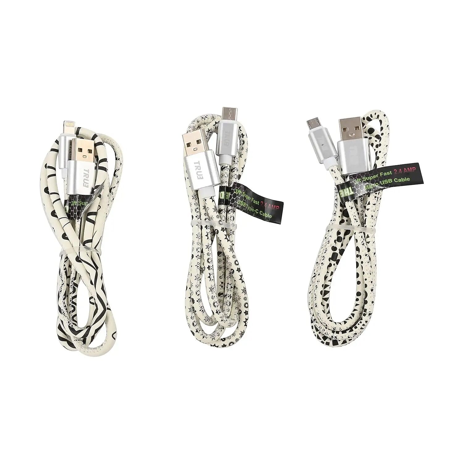 Closeout 3pc 3ft USB-A to Micro, USB-C & Lightning Glow in the Dark Charging Cables 2.4amp