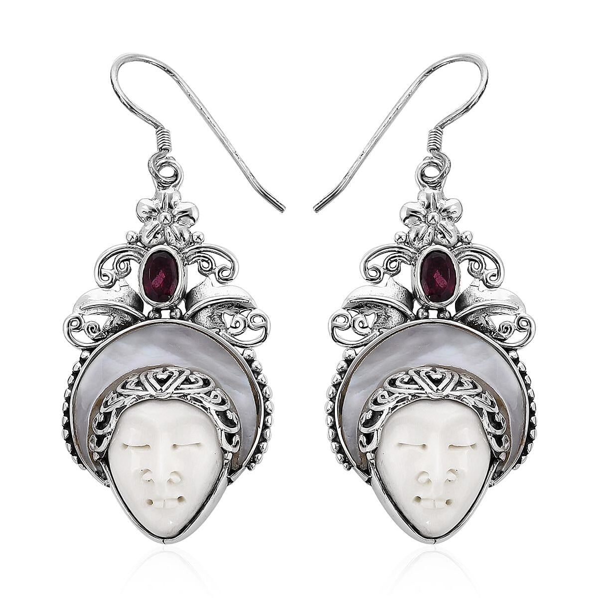 Bali Legacy Carved Bone and Multi Gemstone Earrings in Sterling Silver 4.60 ctw