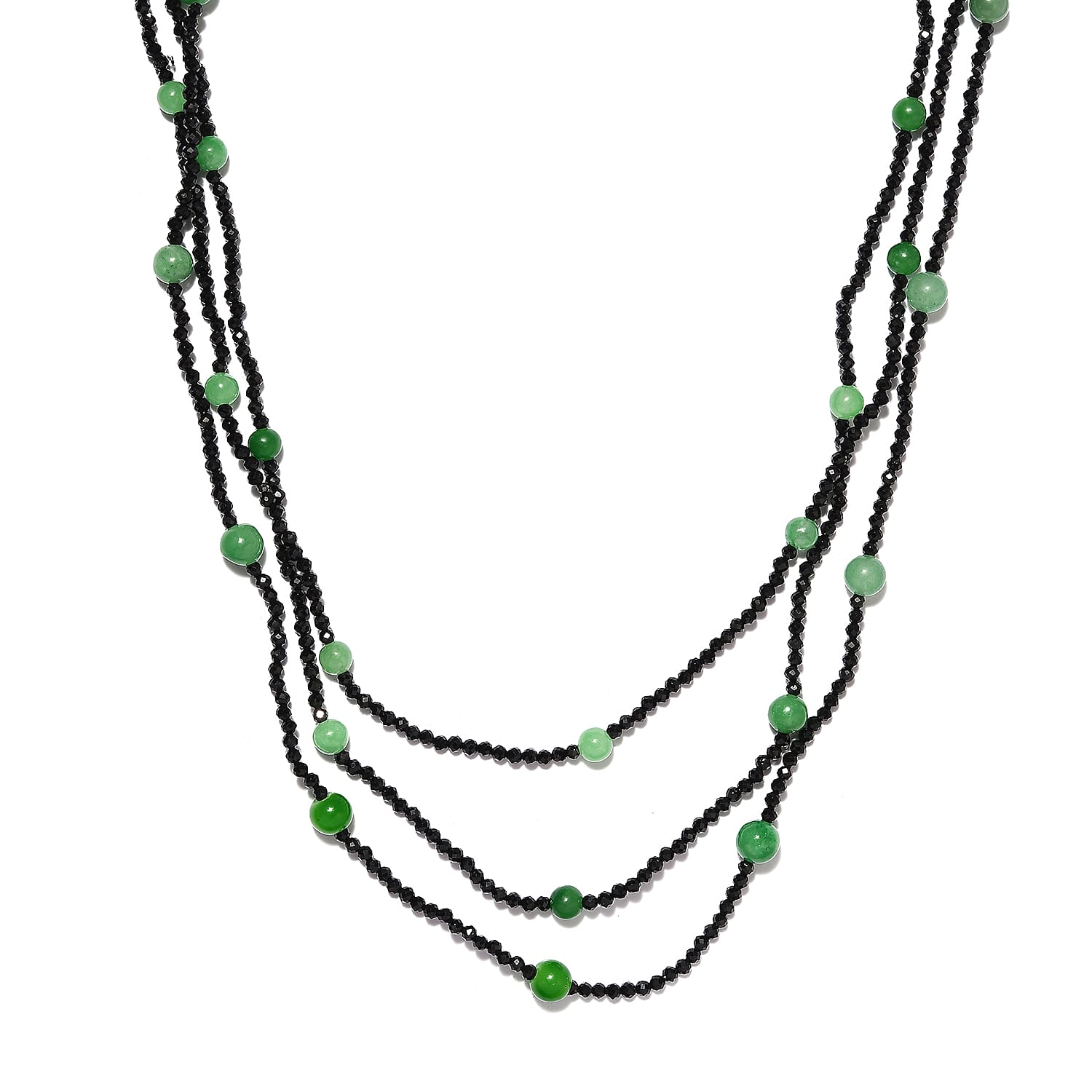 Thai Black Spinel, Green Jade Beaded Necklace 20 Inches in Sterling Silver 118.80 ctw