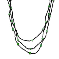 Thai Black Spinel, Green Jade Beaded Necklace 20 Inches in Sterling Silver 118.80 ctw